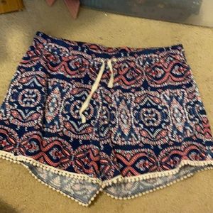 Navy and red bandanna print shorts